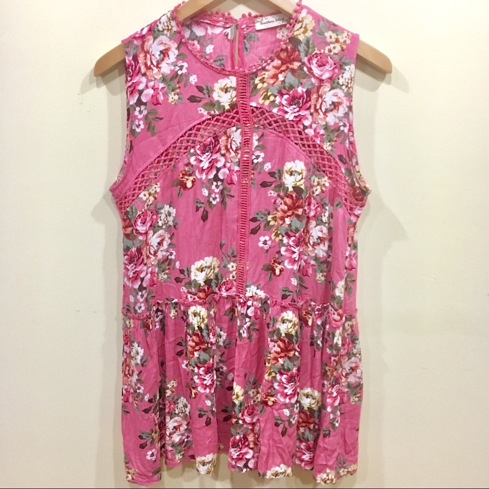 Southern Stitch pink Floral sleeveless boho festival blouse